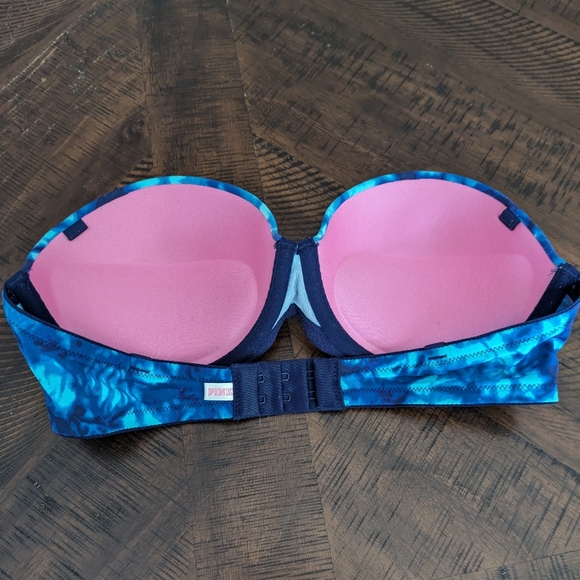 Victoria's Secret PINK Strapless Blue Tie-dye Bra Underwire Padded Pushup - Picture 3 of 5